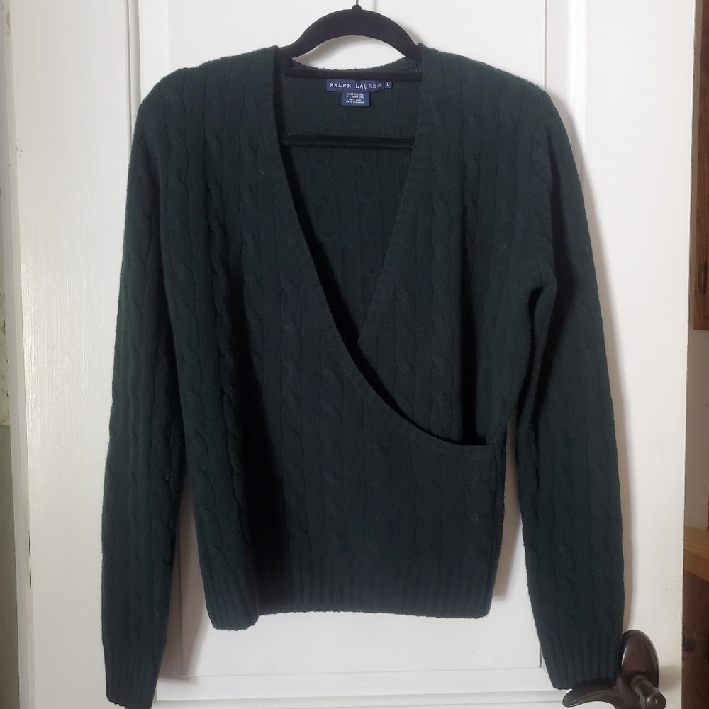 Ralph Lauren Dark Green Cable Knit V-Neck Sweater